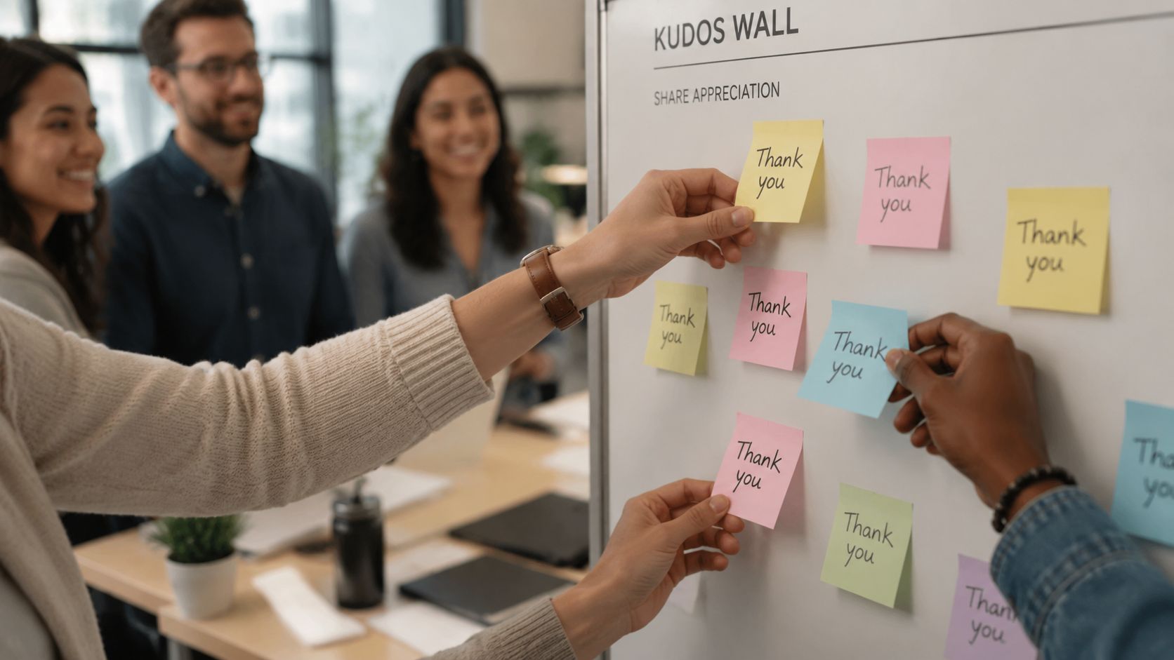 Diverse professionals collaborating on a kudos wall to share employee appreciation through sticky notes in office.