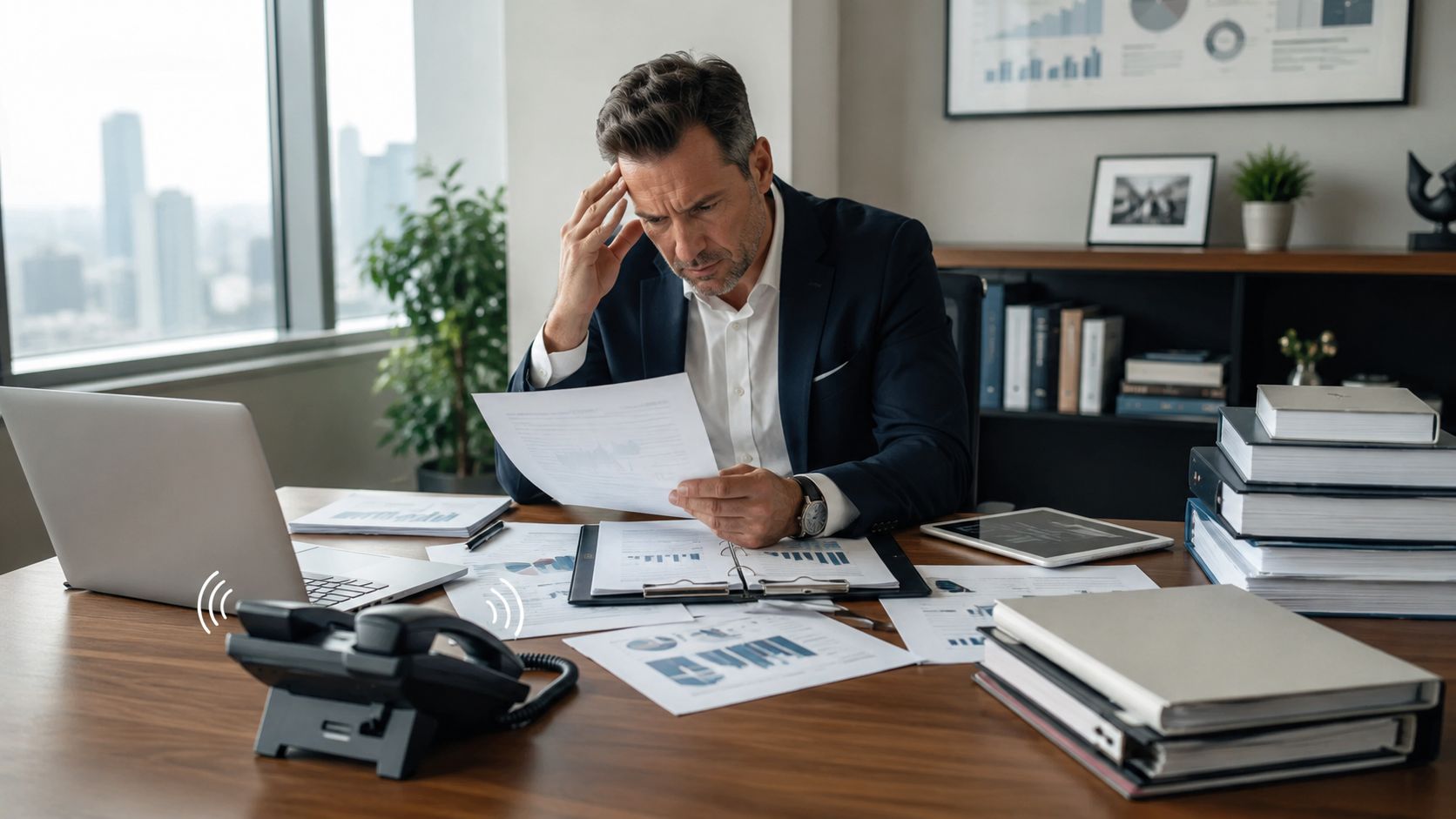 A stressed businessman in a suit reviewing financial documents at his desk in a modern office.