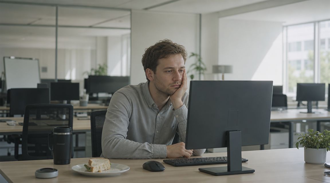 A tired employee sitting at his office desk, looking unengaged at a computer screen during lunch.
