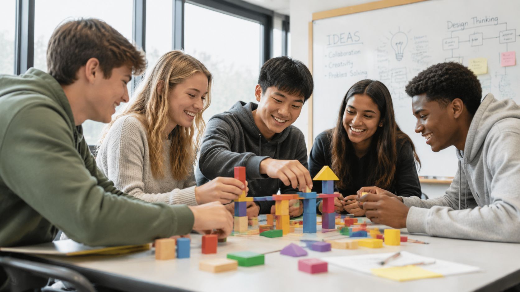 A diverse group of university students collaborating on a creative building project in a bright classroom setting.