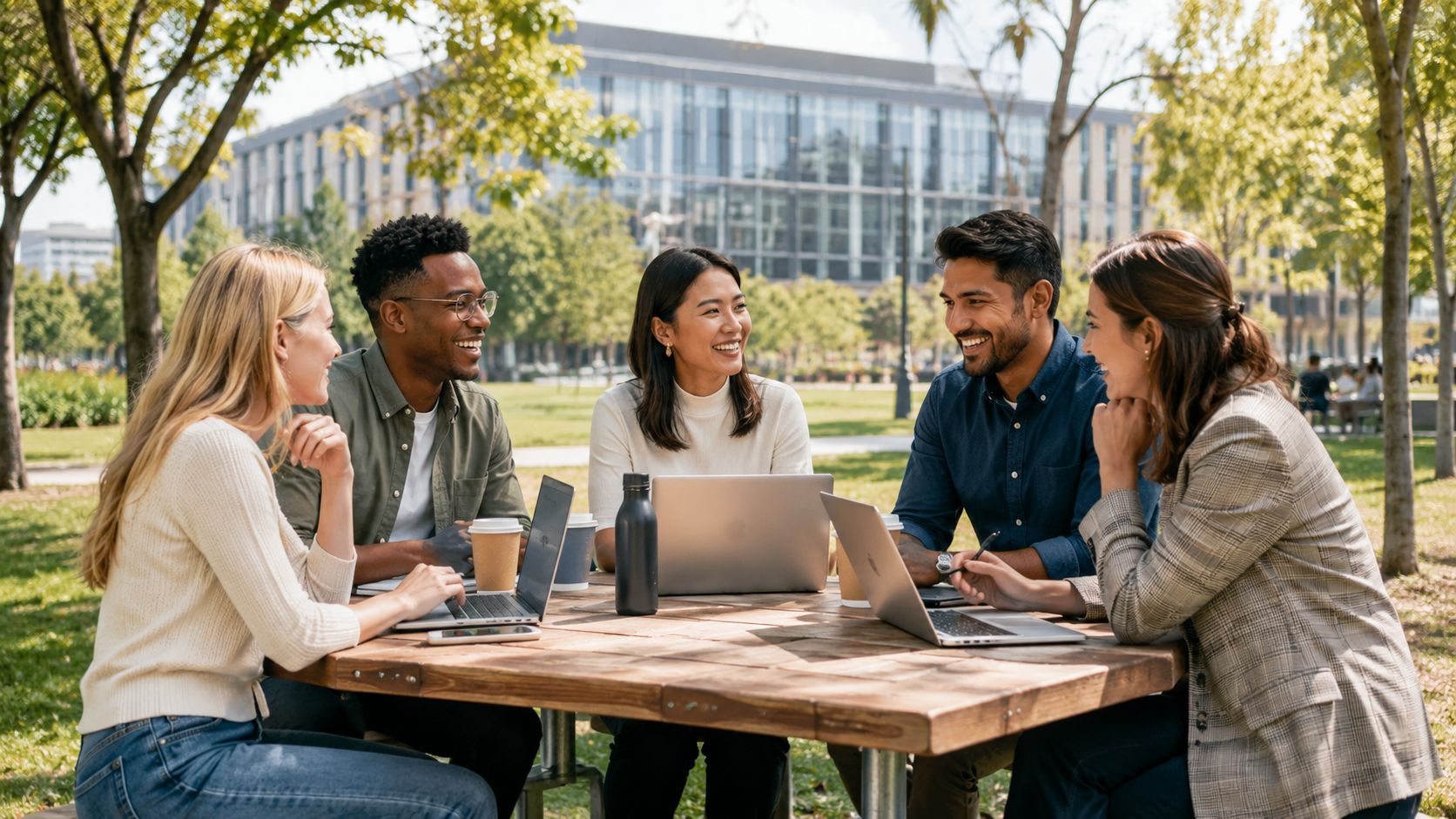 A diverse group of five colleagues collaborating on laptops at a wooden table in a sunny park.
