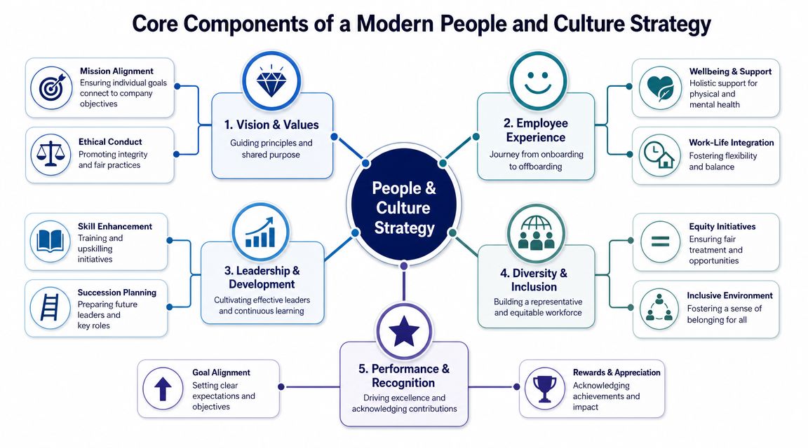 A diagram illustrating the five core components of a modern people and culture business strategy.
