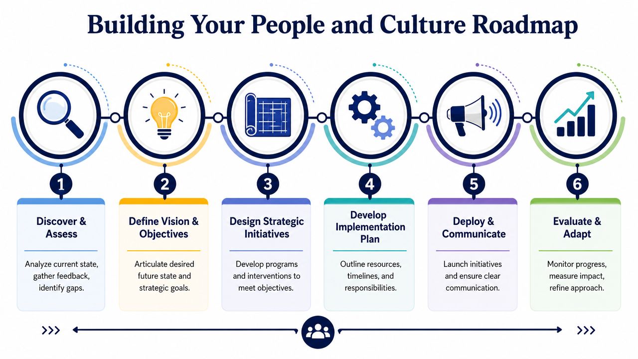 A six-step roadmap diagram for building a people and culture strategy in an organization.