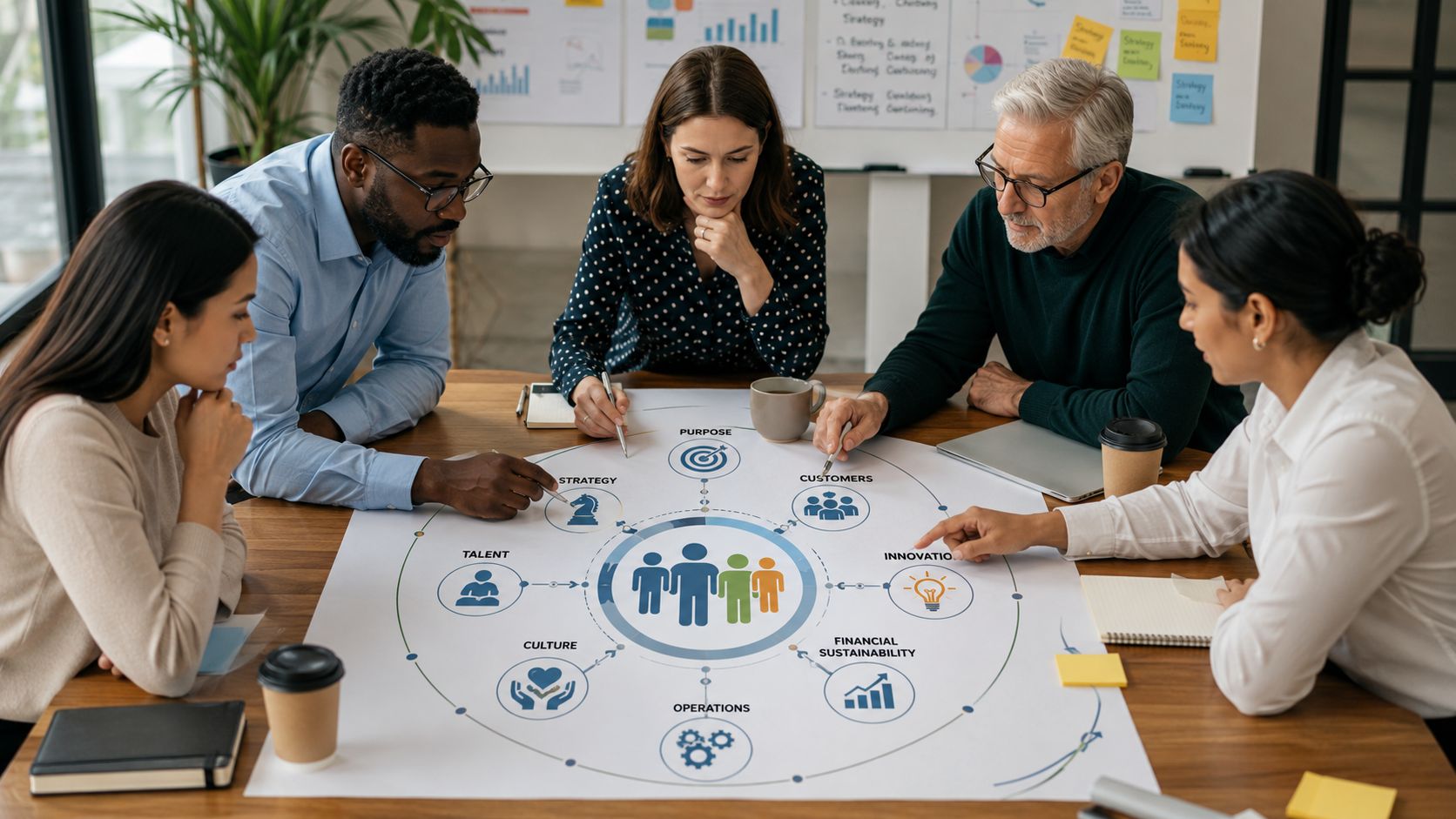 Diverse group of professionals collaborating around a table while analyzing a strategic corporate organizational chart together.