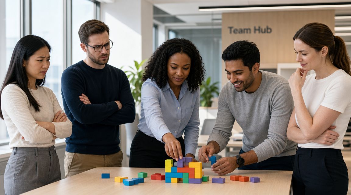 A diverse team of professionals collaborating on a project using colorful building blocks at an office table.