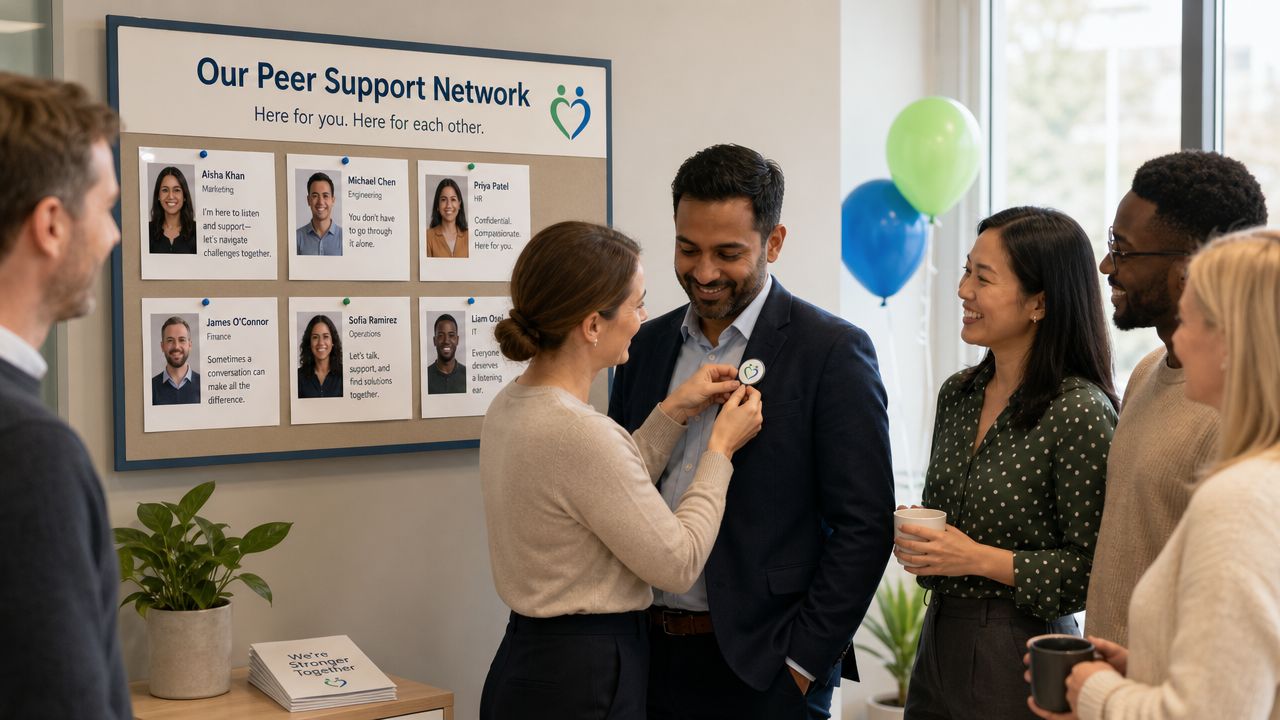 A diverse group of colleagues celebrating R U OK Day by pinning a support badge on a coworker.