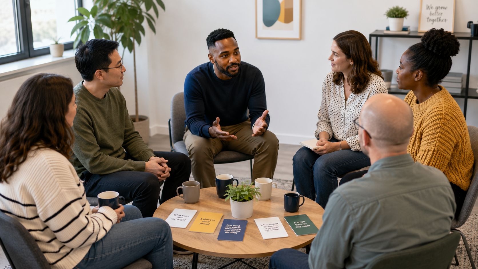 A diverse group of colleagues sitting in a circle during a workplace team building discussion session.