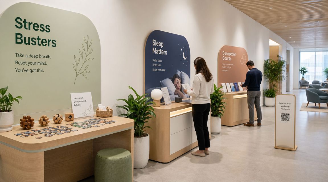 Employees interacting with wellbeing and mental health resource stations in a modern, serene office space.