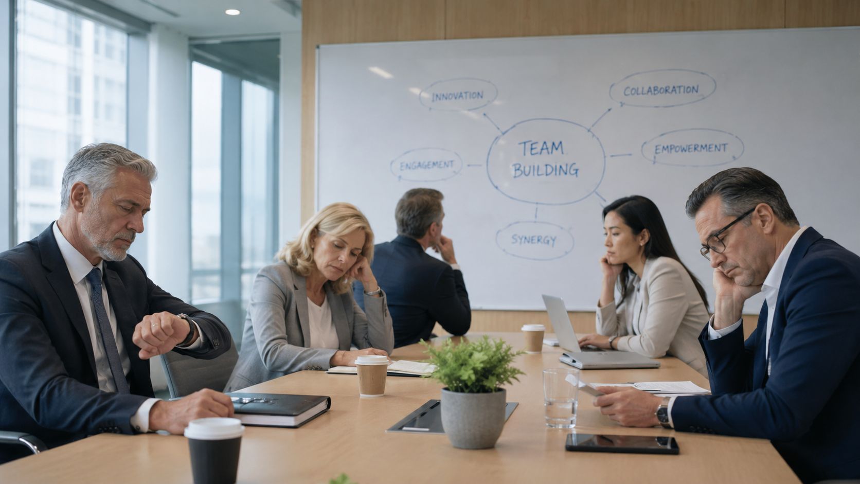 A group of professional colleagues looking bored and tired during a corporate team building meeting in an office.