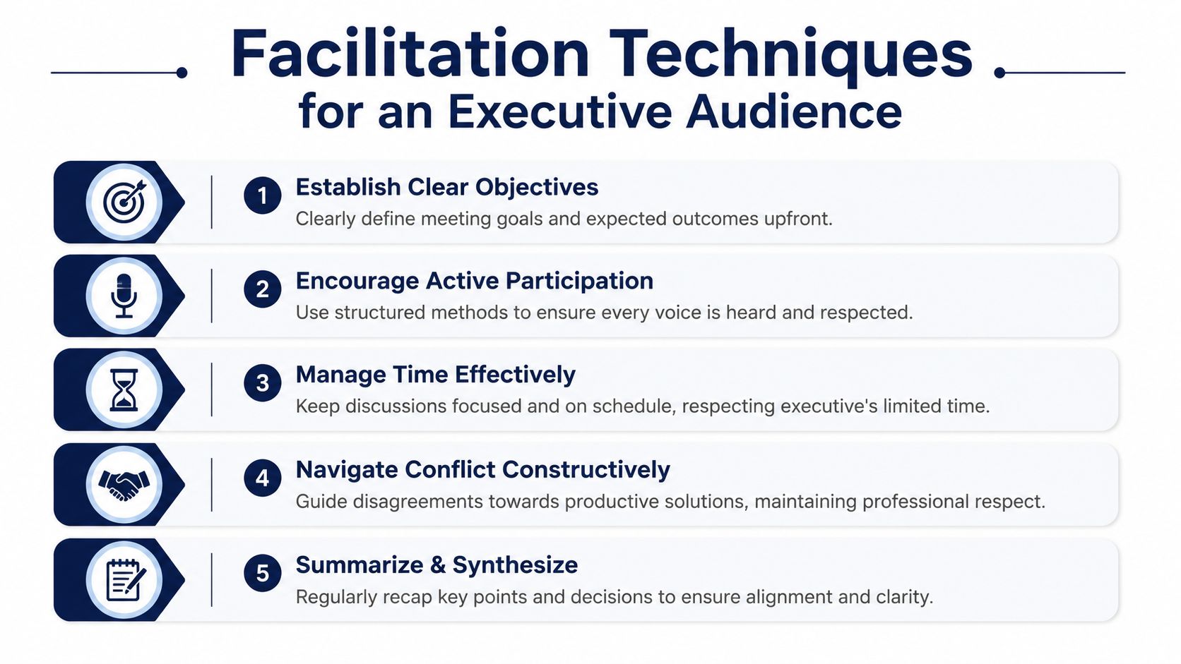 A list of five essential facilitation techniques designed for engaging executive audiences during professional meetings.