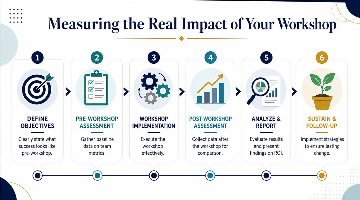 A six-step infographic guide titled Measuring the Real Impact of Your Workshop illustrating the assessment process.