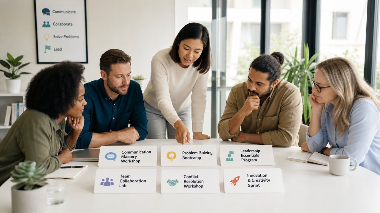 A professional team sitting around a table engaging in a collaborative workshop with educational program cards.