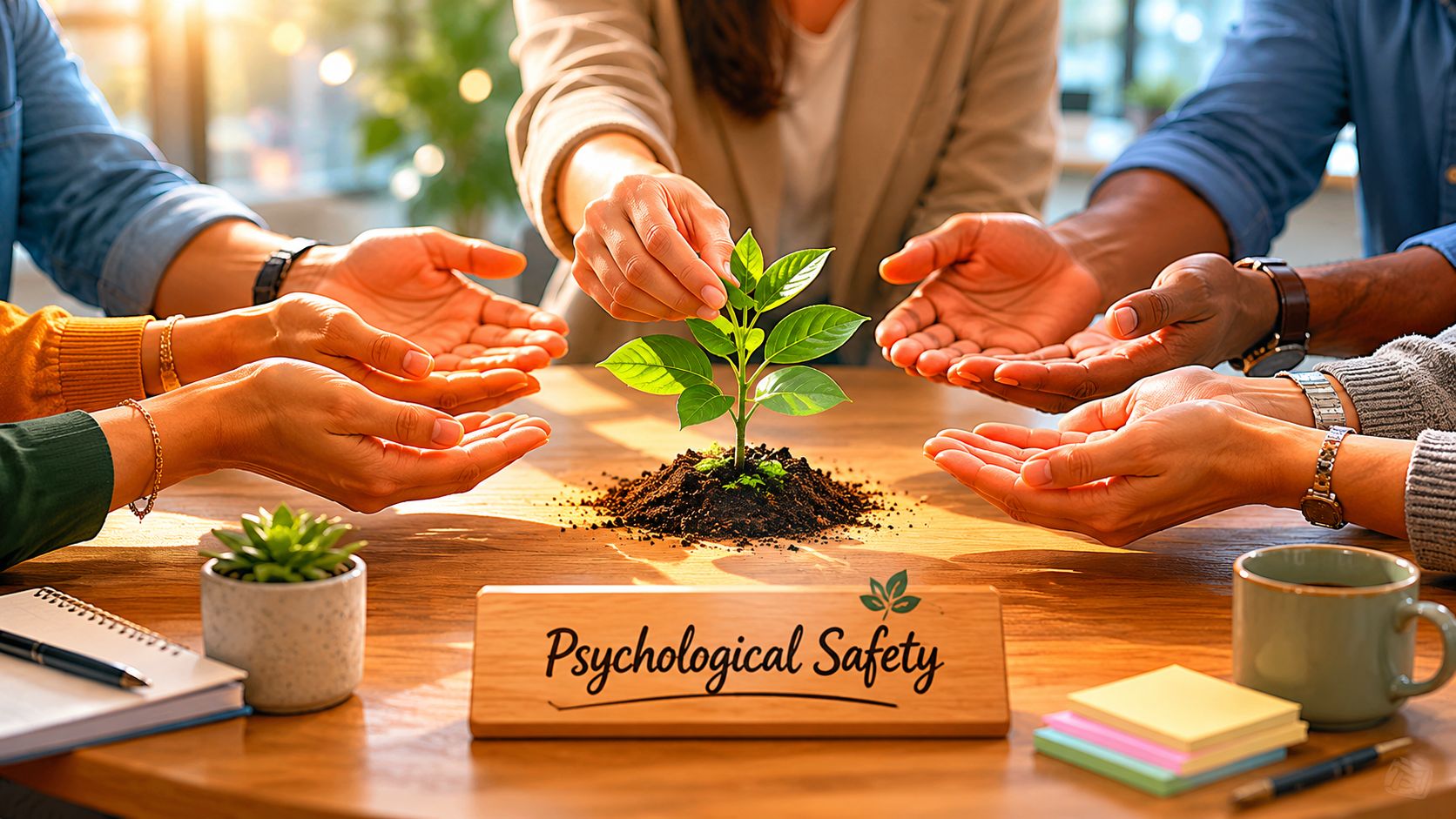 A diverse group of people gather around a small plant on a table labeled Psychological Safety.