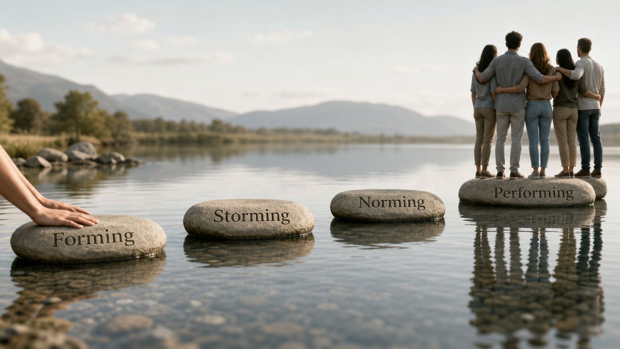 A conceptual image of stepping stones representing team development stages: Forming, Storming, Norming, and Performing with a team.