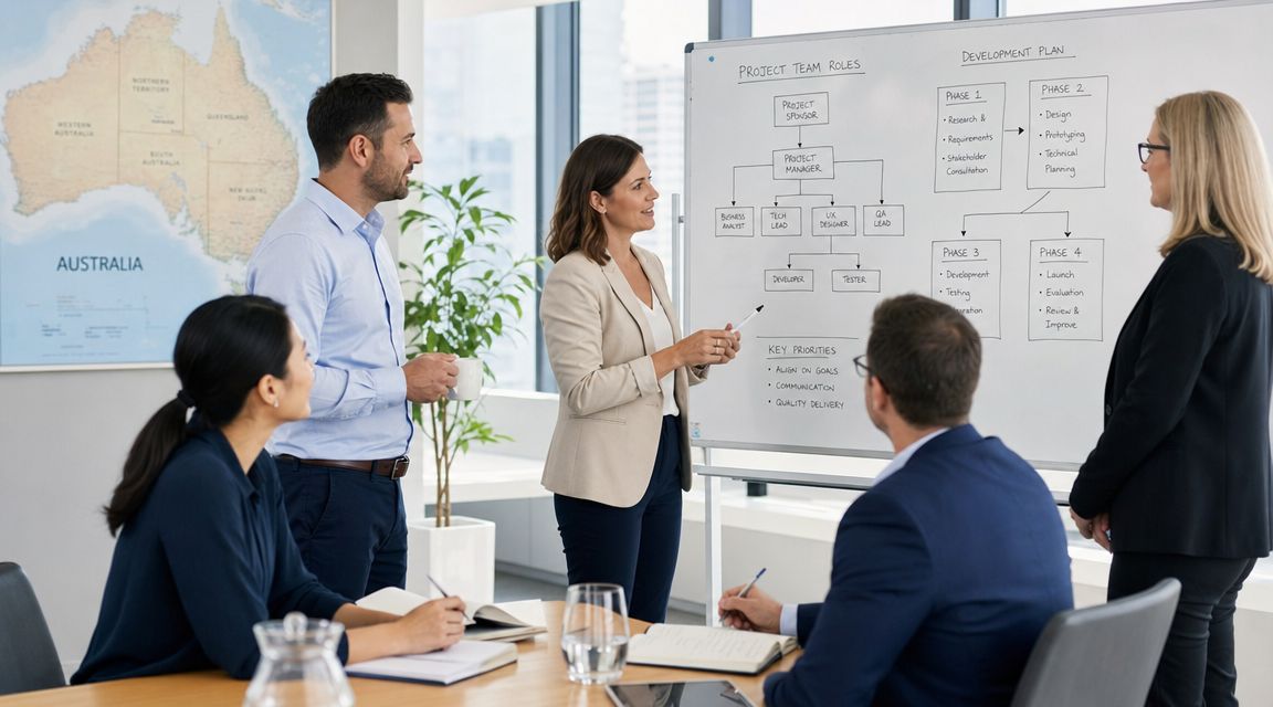 A professional business team having a collaborative strategy meeting in a bright, modern office conference room.