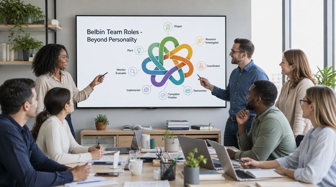 A professional team in a meeting room looking at a screen displaying Belbin Team Roles diagram.