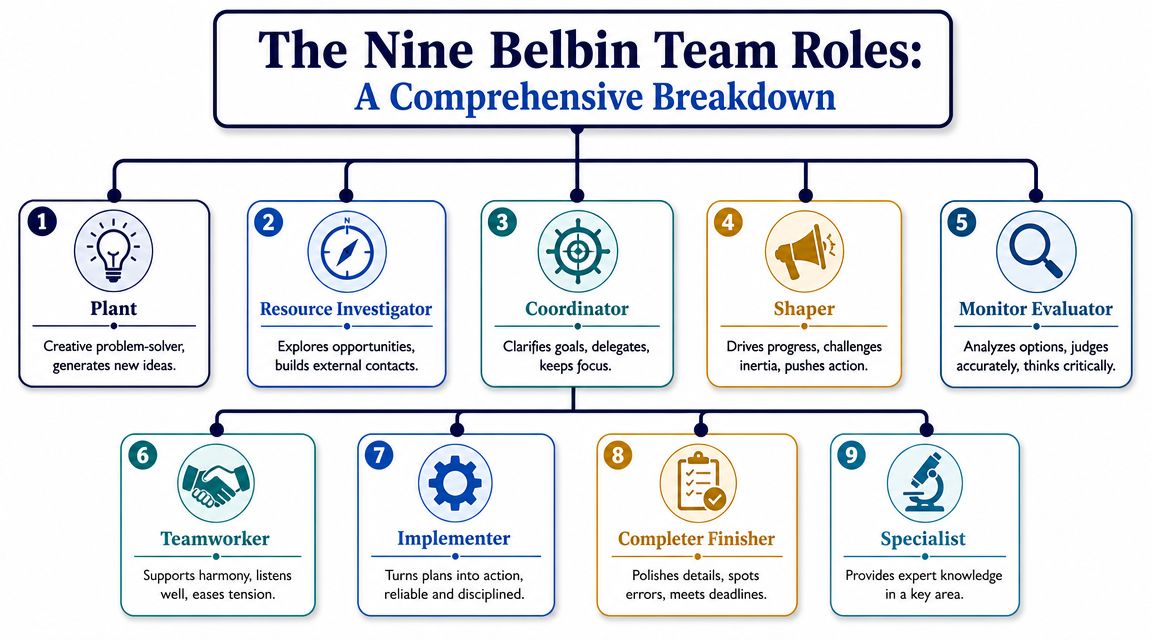 A comprehensive infographic illustrating the nine Belbin team roles with descriptive icons and brief summaries.