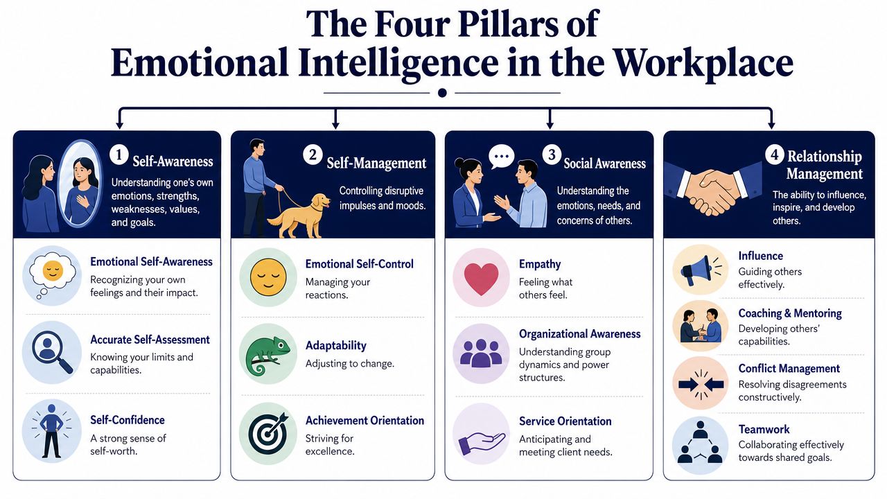 An infographic titled The Four Pillars of Emotional Intelligence in the Workplace illustrating key workplace soft skills.