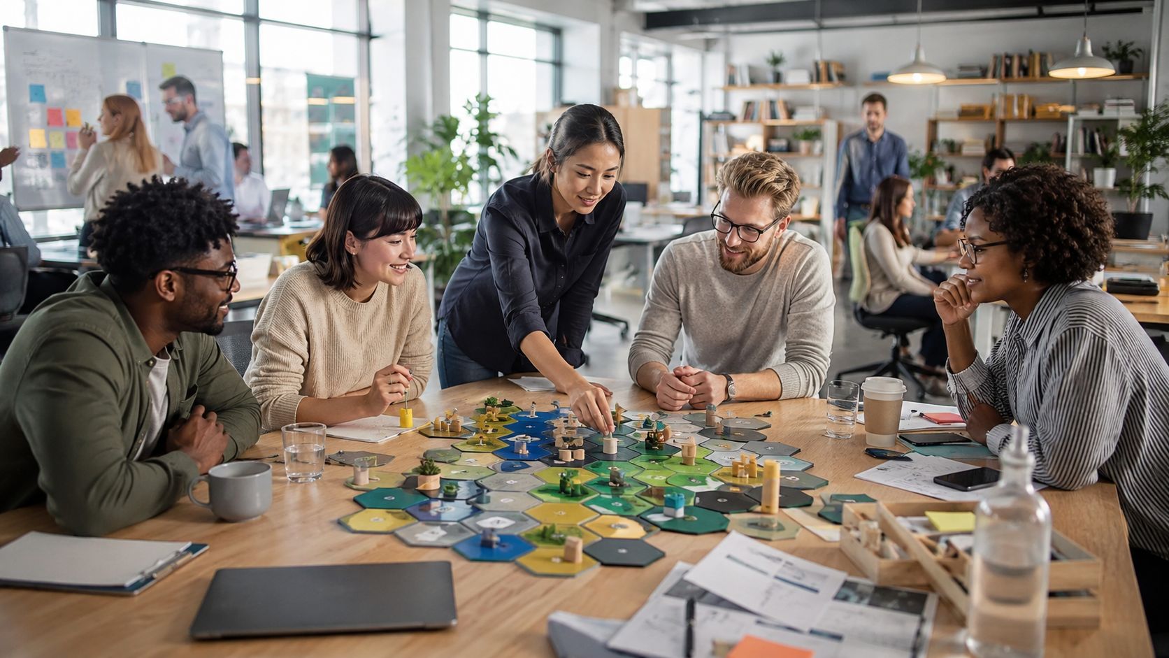 A diverse group of professional colleagues playing a strategy board game in a modern office environment.