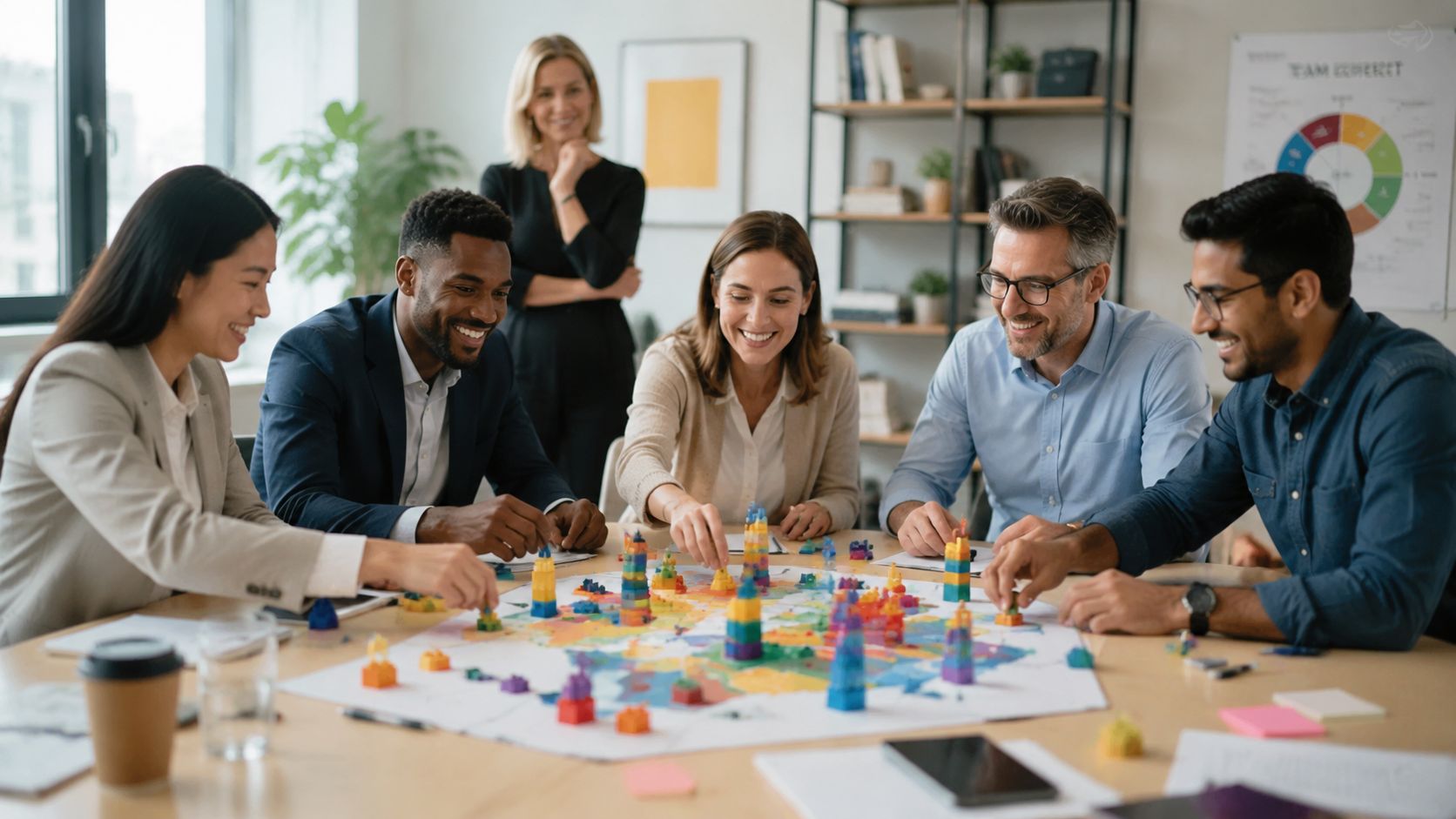 A diverse business team collaborating on a strategic board game in a professional office meeting setting.