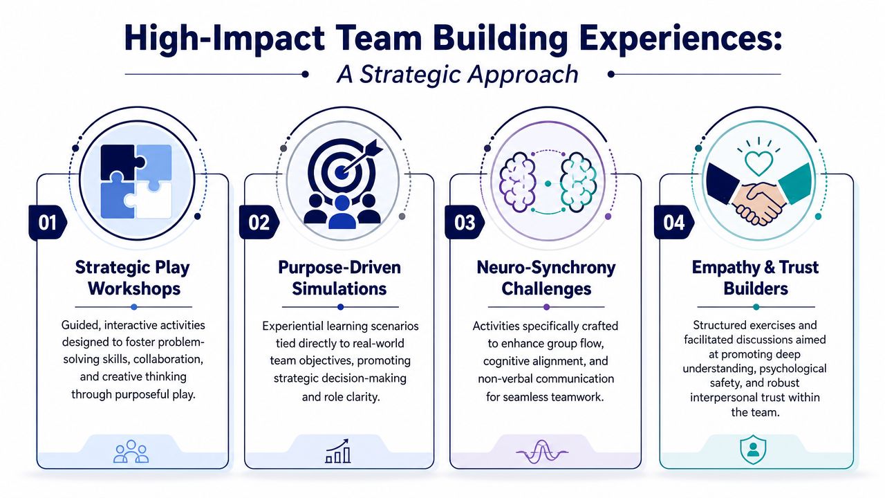 A strategic infographic outlining four high-impact team building approaches including workshops, simulations, neuro-synchrony, and trust building.