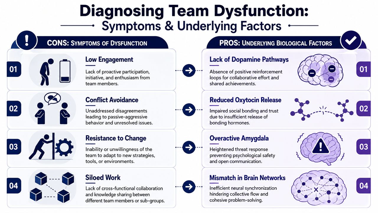 A diagram mapping team dysfunction symptoms like low engagement and conflict avoidance to underlying biological brain factors.