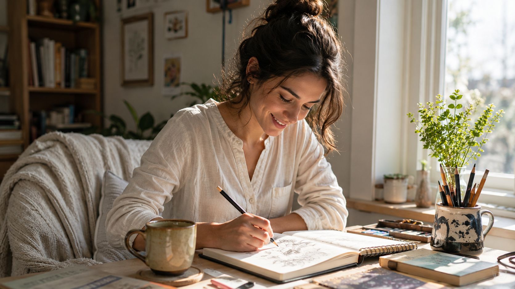 A woman with her hair in a bun sitting by a sunny window, smiling while drawing in a sketchbook.