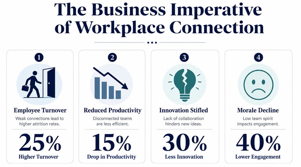 An infographic titled The Business Imperative of Workplace Connection highlighting the negative impacts of poor team communication.
