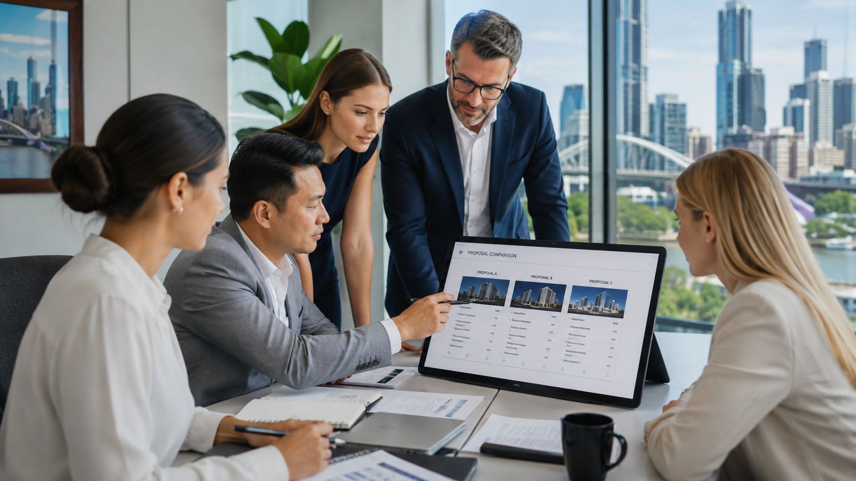 A professional team of business people reviewing real estate proposals during a corporate meeting in a boardroom.