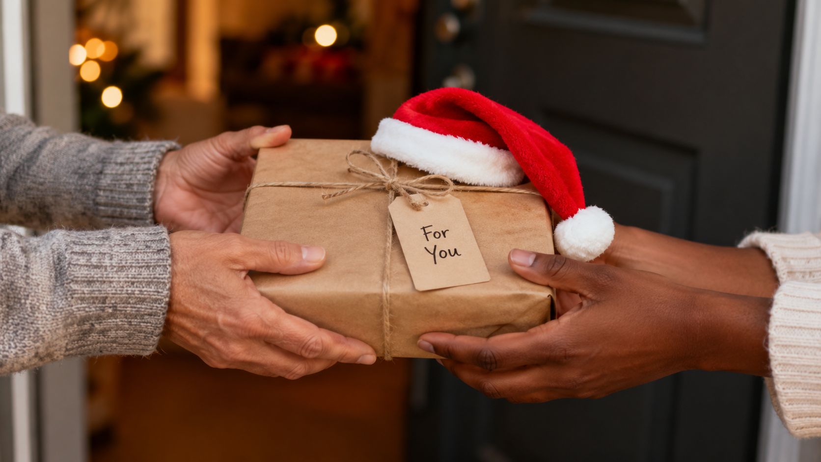A pair of hands exchanging a Christmas gift wrapped in brown paper with a mini Santa hat.