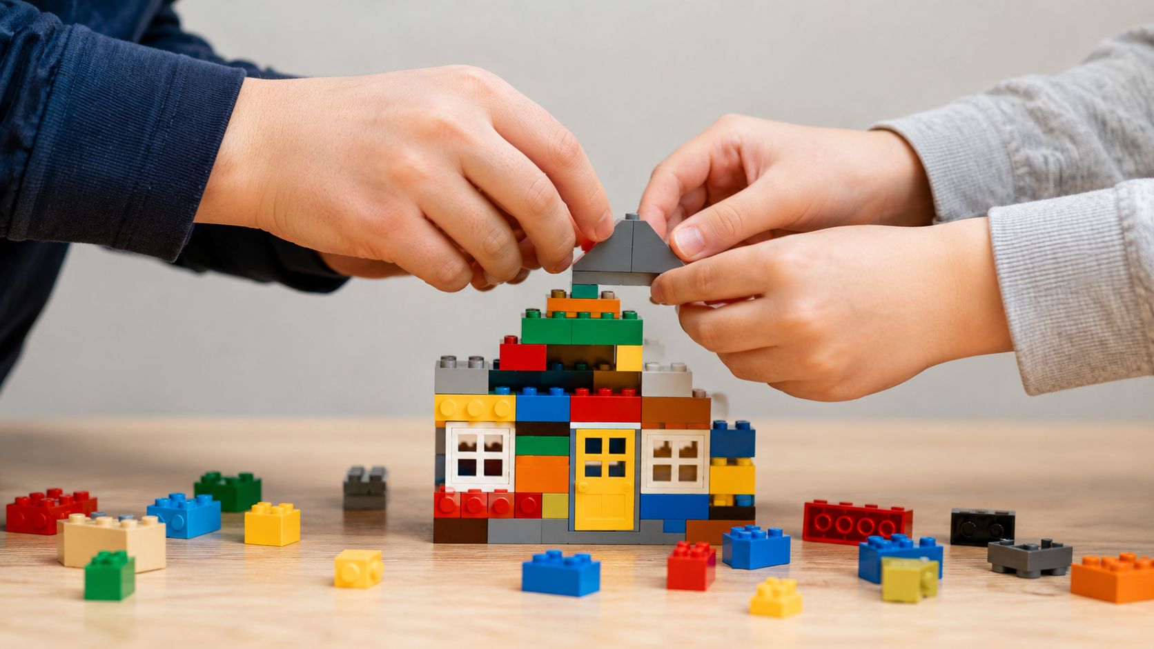 An adult and a child working together to build a colorful toy house using plastic building blocks.
