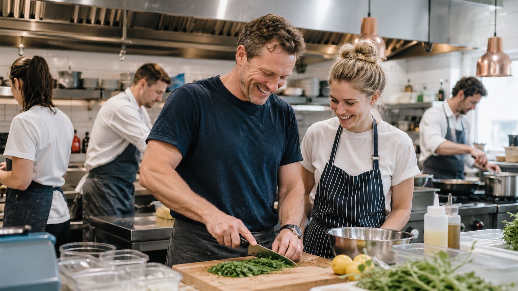A professional chef teaching a cooking student how to finely chop fresh herbs in a restaurant kitchen.
