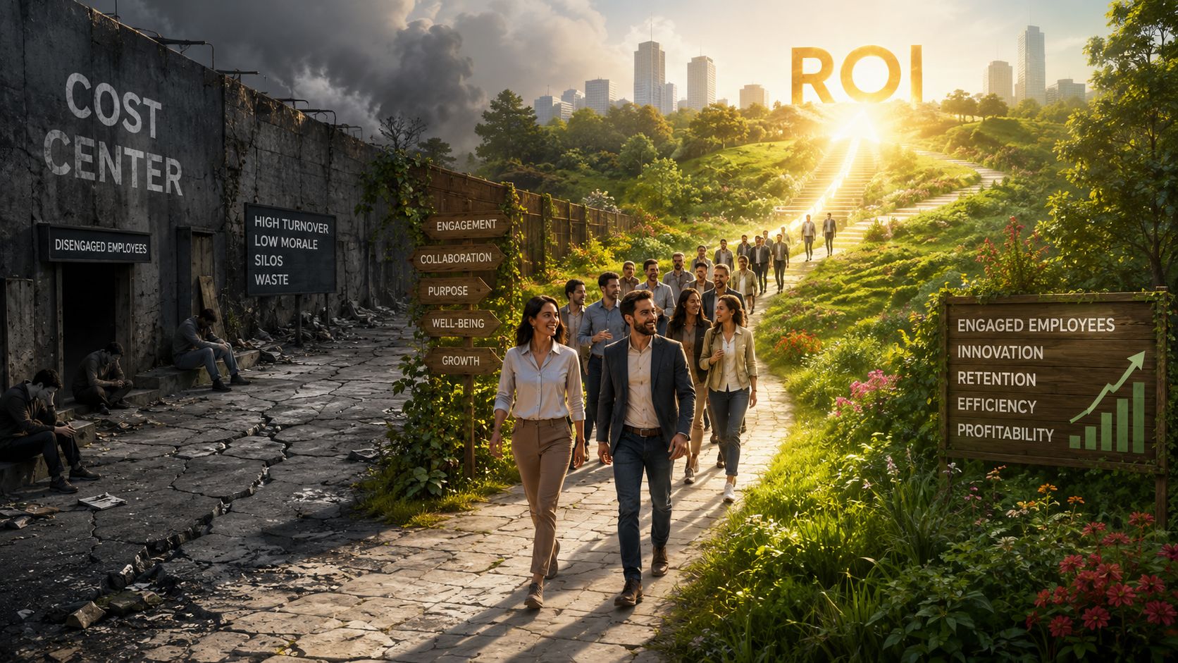 A conceptual image showing employees moving from a grey, gloomy workplace to a bright, prosperous, and successful future.
