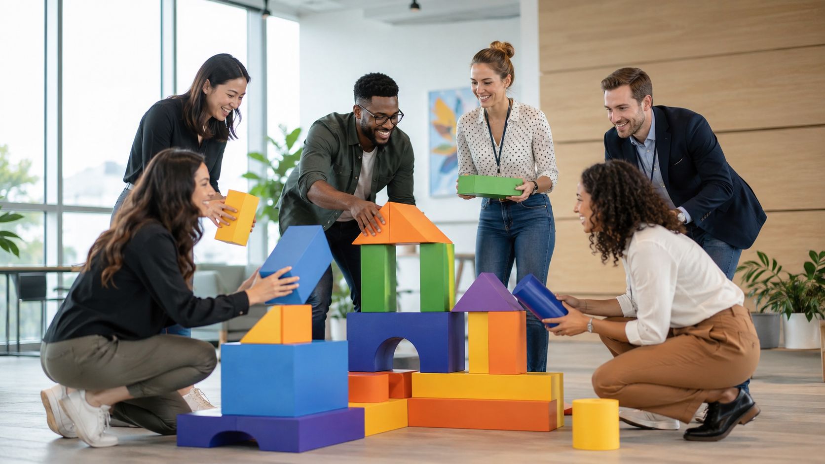 A diverse team of office colleagues working together to build a structure out of colorful foam blocks.