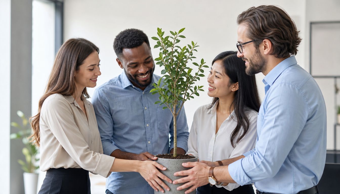 A diverse group of happy professionals collaboratively holding a potted green plant together in a bright office.
