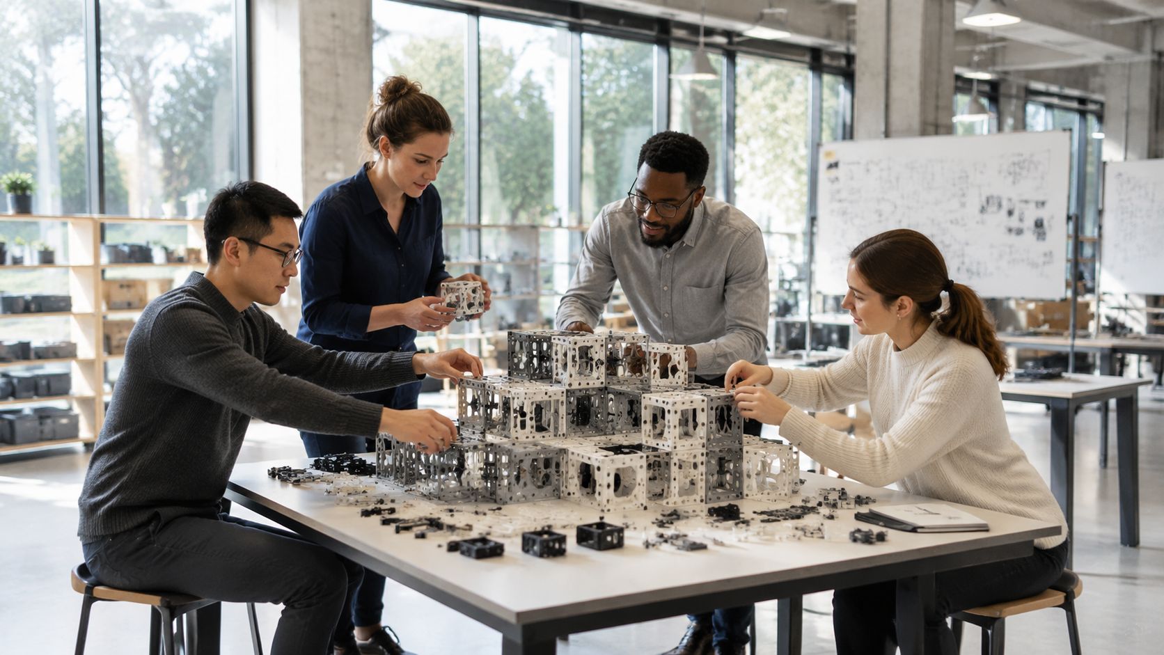 A diverse team of four colleagues collaborating on a complex modular engineering project in an office workspace.