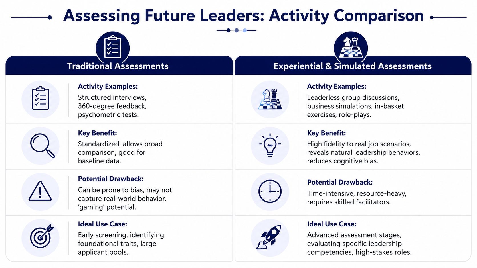 A comparison chart outlining the pros and cons of traditional versus experiential leadership assessment methods.