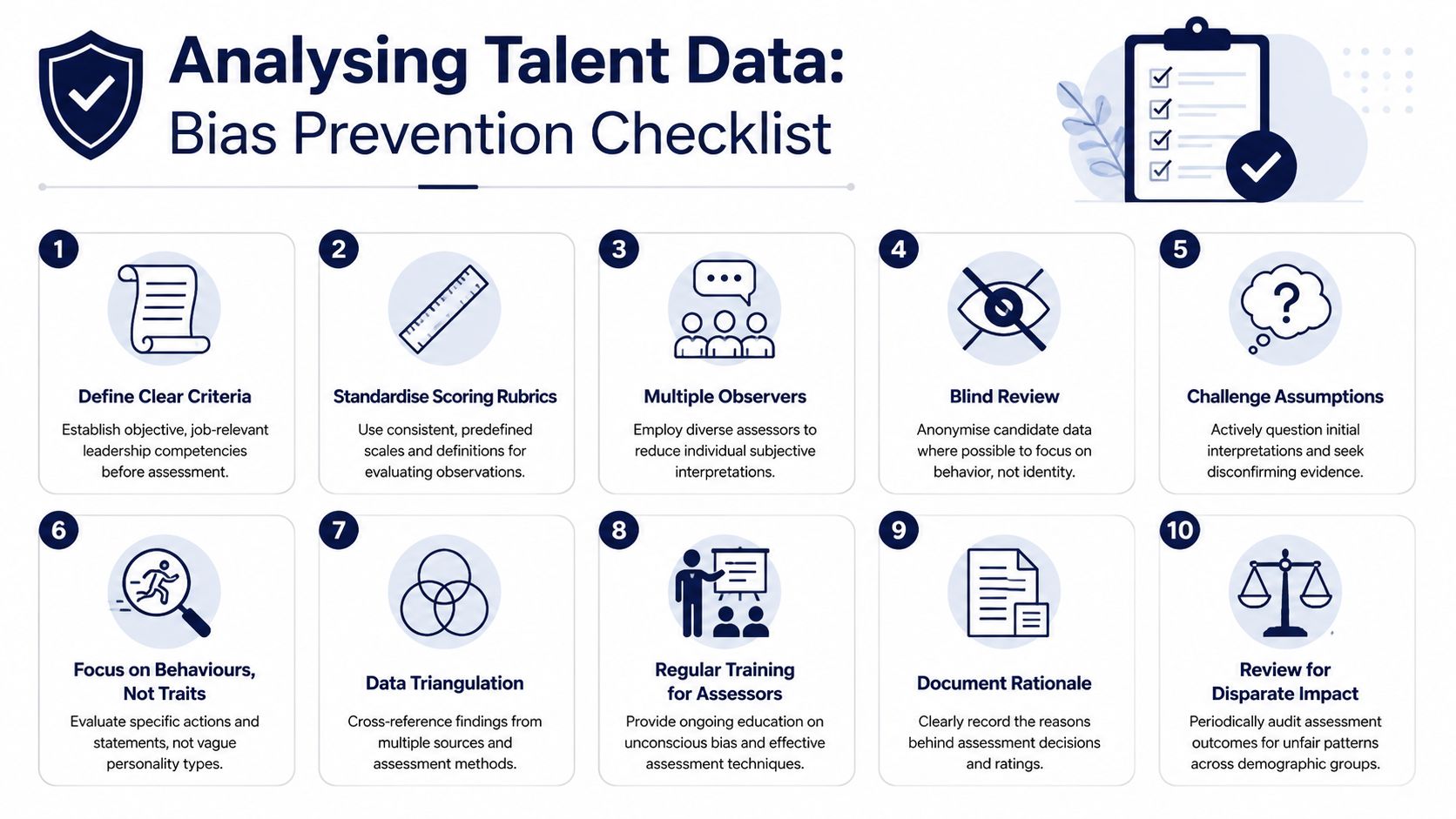 A ten-point checklist graphic for preventing bias when analyzing talent data and evaluating leadership candidates.