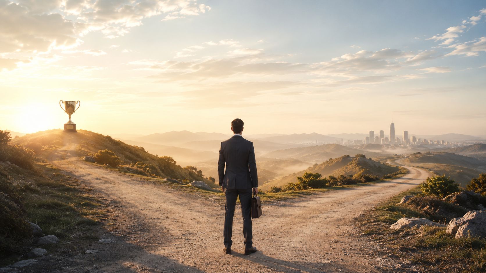 A businessman standing at a crossroads deciding between the path to a trophy or a modern city.