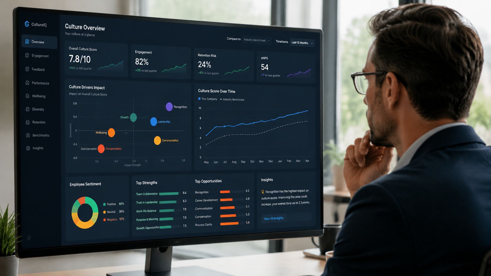 A professional man reviewing corporate culture analytics and employee engagement data on a modern computer monitor dashboard.