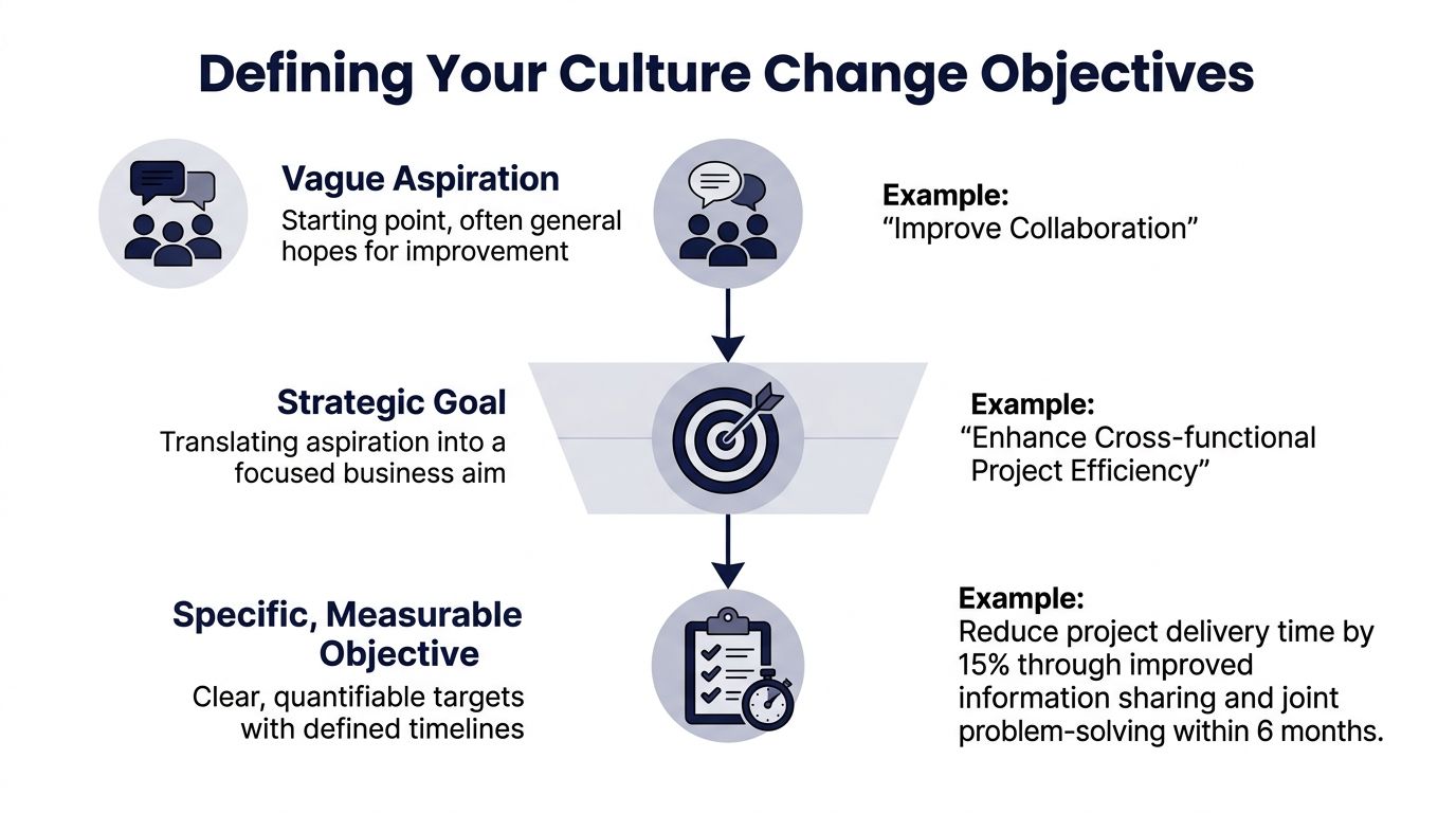 A diagram illustrating the three steps for defining culture change objectives from vague aspirations to measurable goals.