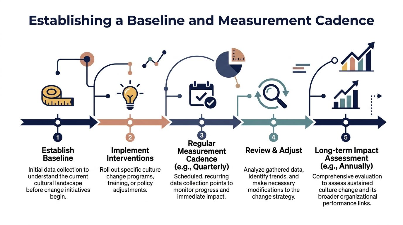 A five-step infographic illustrating the process of establishing a baseline and measurement cadence for culture change.