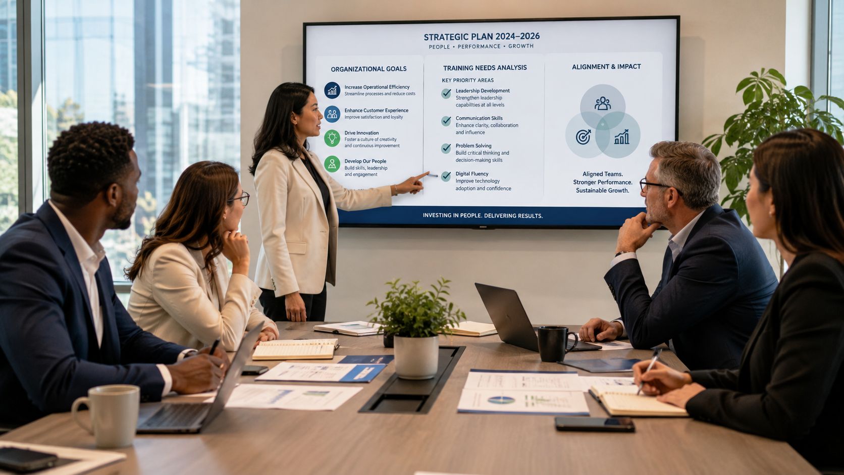 A professional woman presenting a strategic plan to her team in a modern corporate boardroom setting.