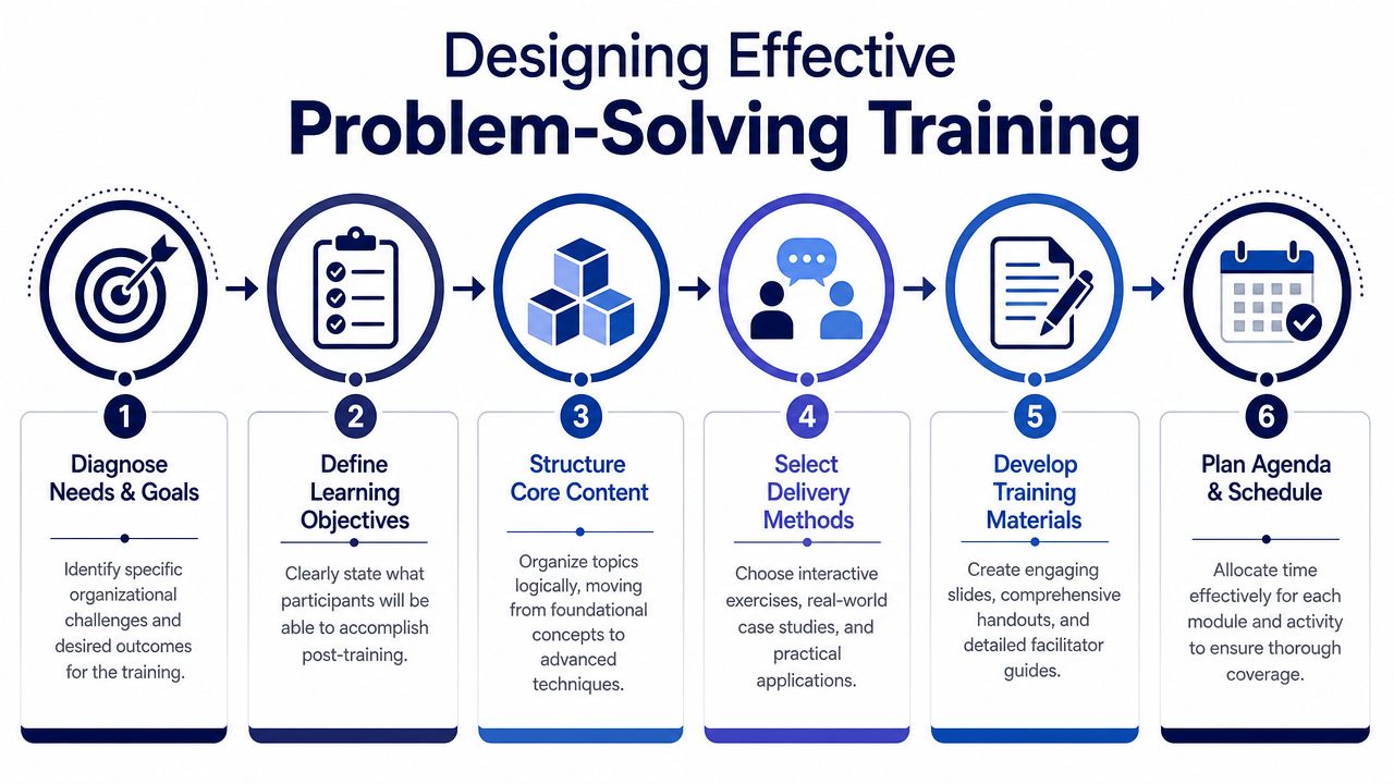 A six-step infographic guide illustrating the process for designing effective problem-solving training programs for organizational success.