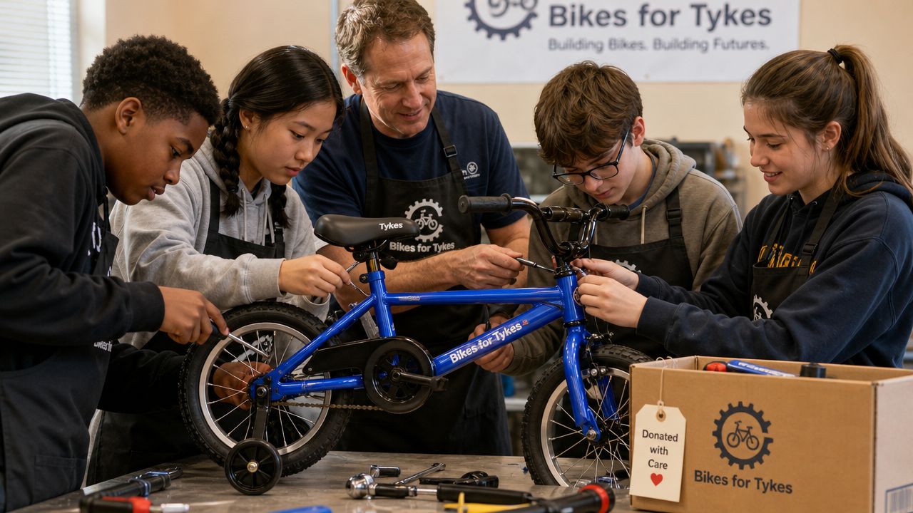 A group of diverse students and an instructor work together to assemble a bicycle for charity.