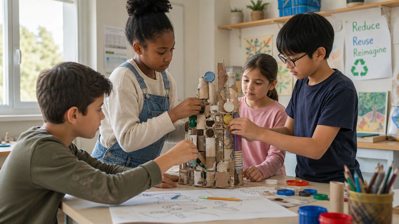 A diverse group of school children working together on a collaborative cardboard construction project in the classroom.