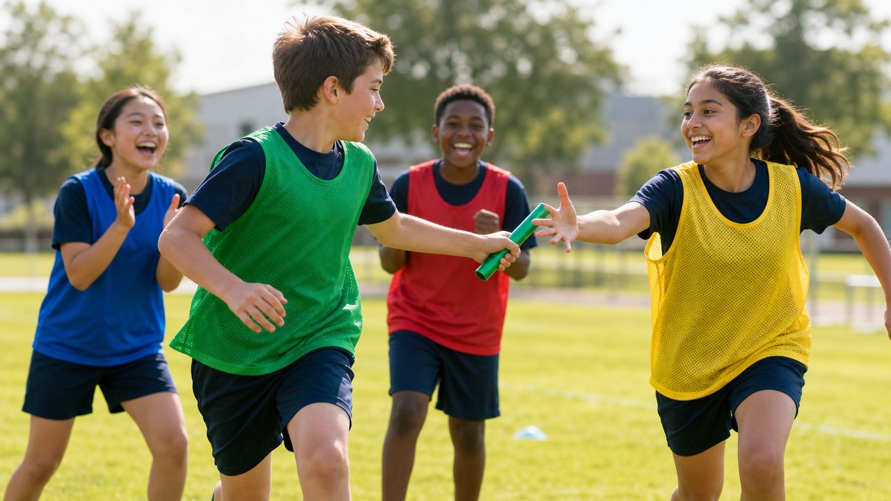 A diverse group of school children running a relay race on a sunny sports field track.