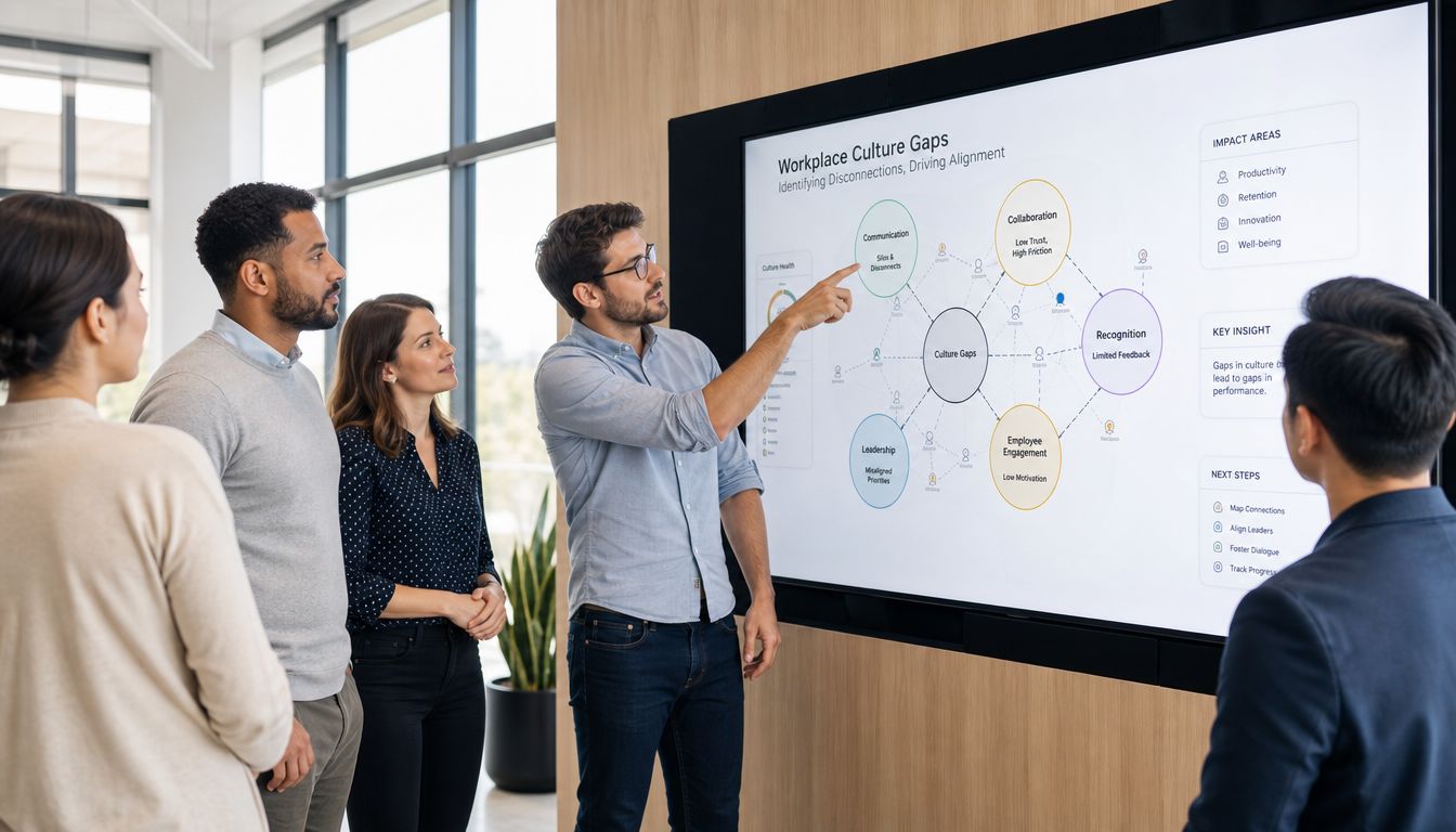 A professional team collaborating on a workplace culture presentation in a bright office environment.