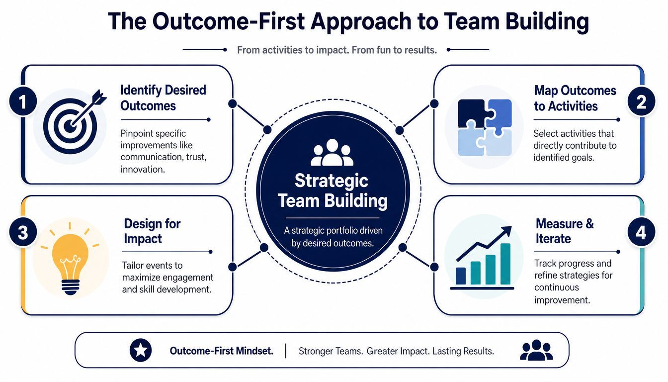 A diagram illustrating a four-step outcome-first approach to strategic team building for professional and organizational development.