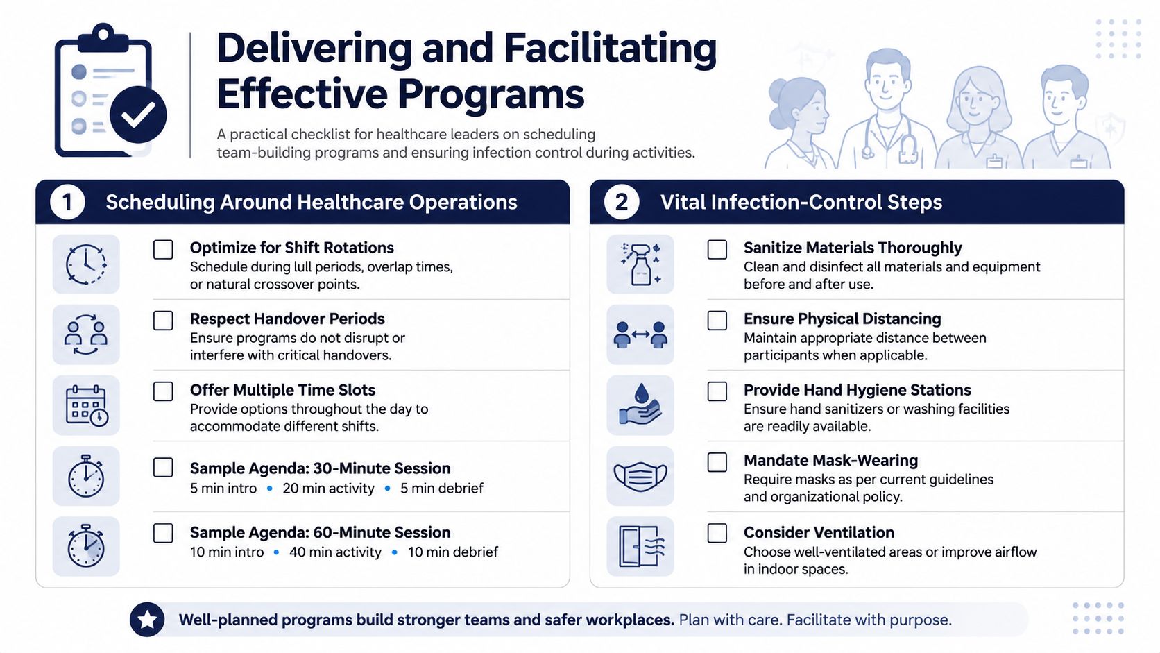 A checklist infographic titled Delivering and Facilitating Effective Programs for healthcare leaders to organize team-building activities.